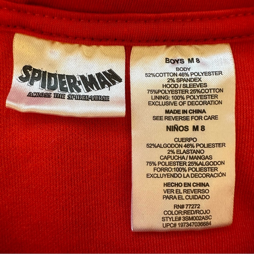 SPIDER-MAN Boys Red Black Full Zip Hoodie Size 8 Marvel Spider Logo Sweatshirt - Picture 7 of 7
